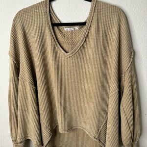 Free People We The Free Tan Oversized Waffle Knit Henley SIZE SMALL